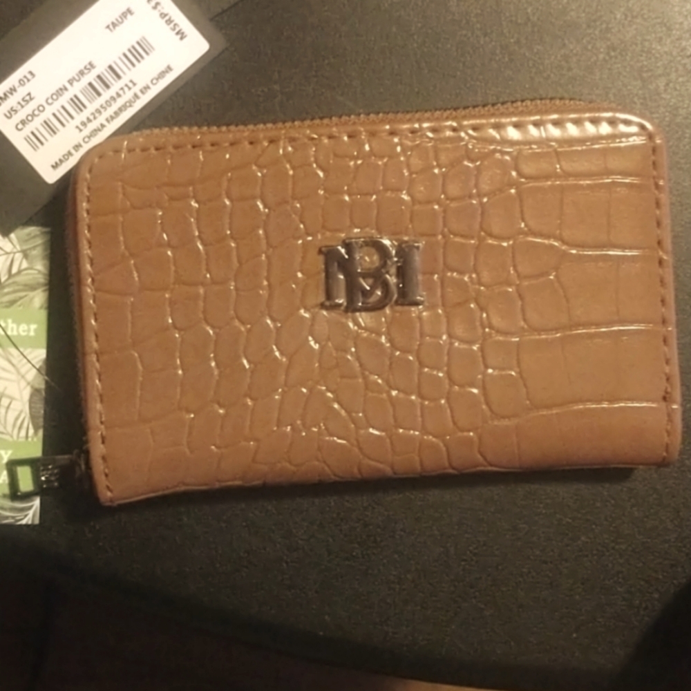 Badgley Mischka Croc-Embossed Card Holder Coin Purse Wallet Taupe Vegan Leather